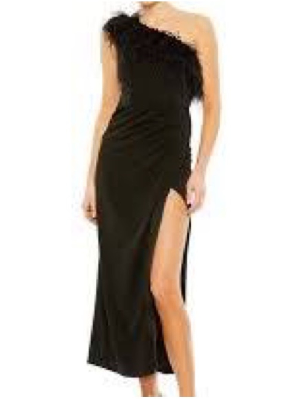 Mac Duggal 68147 Feather Trim One Shoulder Draped Dress Size 4 NWT Black
